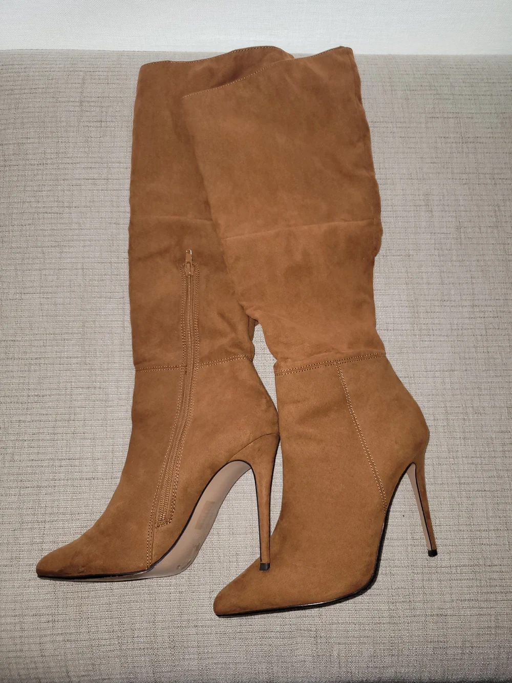 Express Knee-High Asymmetrical Stiletto Shaft Boots In Chestnut Brown